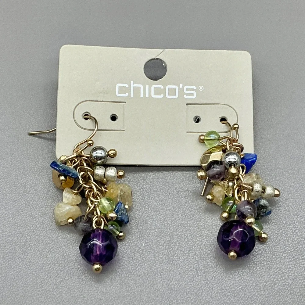 Chico's Earrings Women Multicolor Cluster Dangle Gemstone Gold Tone 1.5 Inch